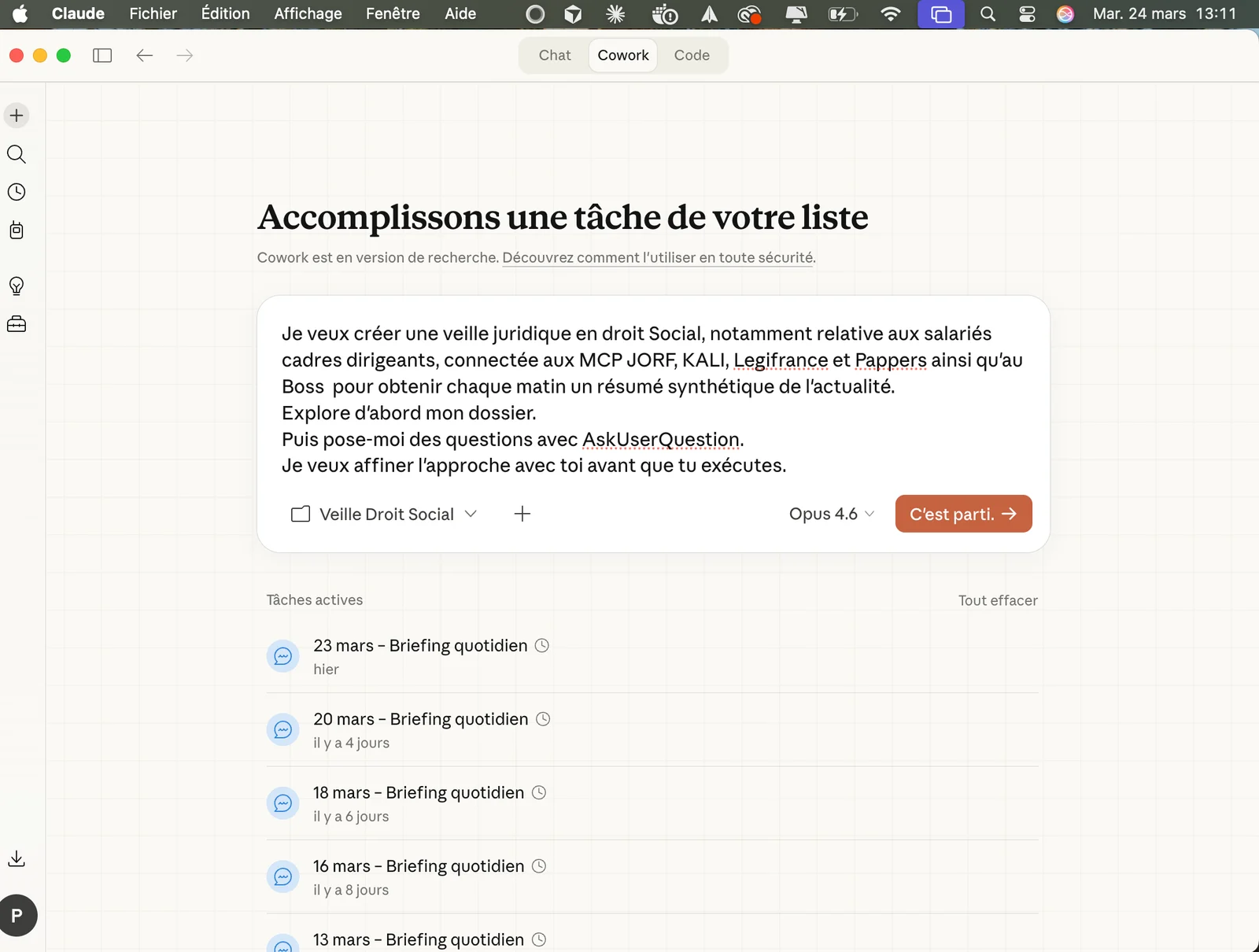 L'interface Claude Desktop avec les onglets Chat, Cowork et Code
