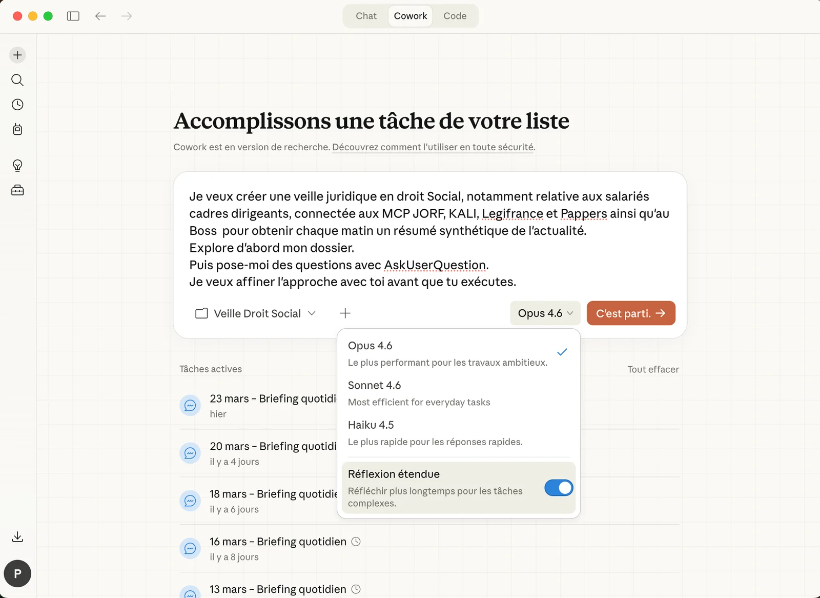 Sélection du modèle Opus 4.6 avec Réflexion Étendue activée
